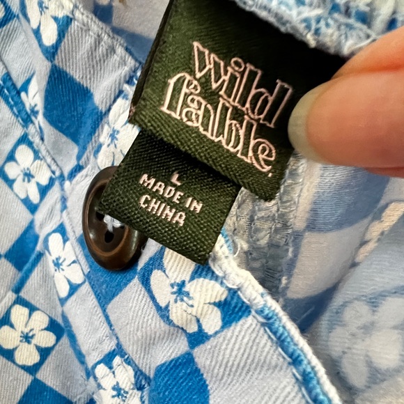 Blue Checkerboard Floral High Waist Wide Leg Pull On Pants Womens L - Picture 5 of 7